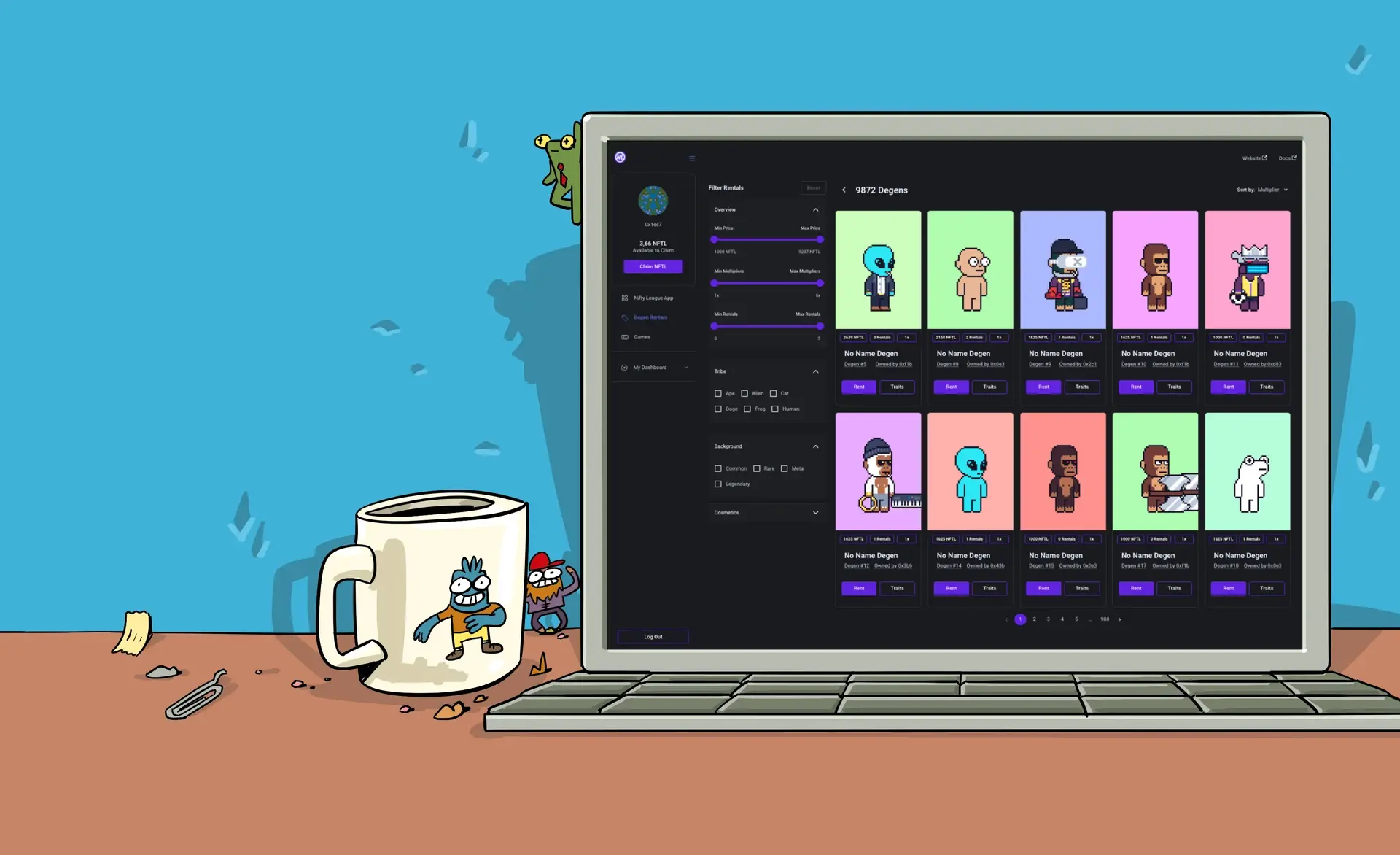 Nifty League’s illustrated laptop, desk, and DEGEN coffee mug