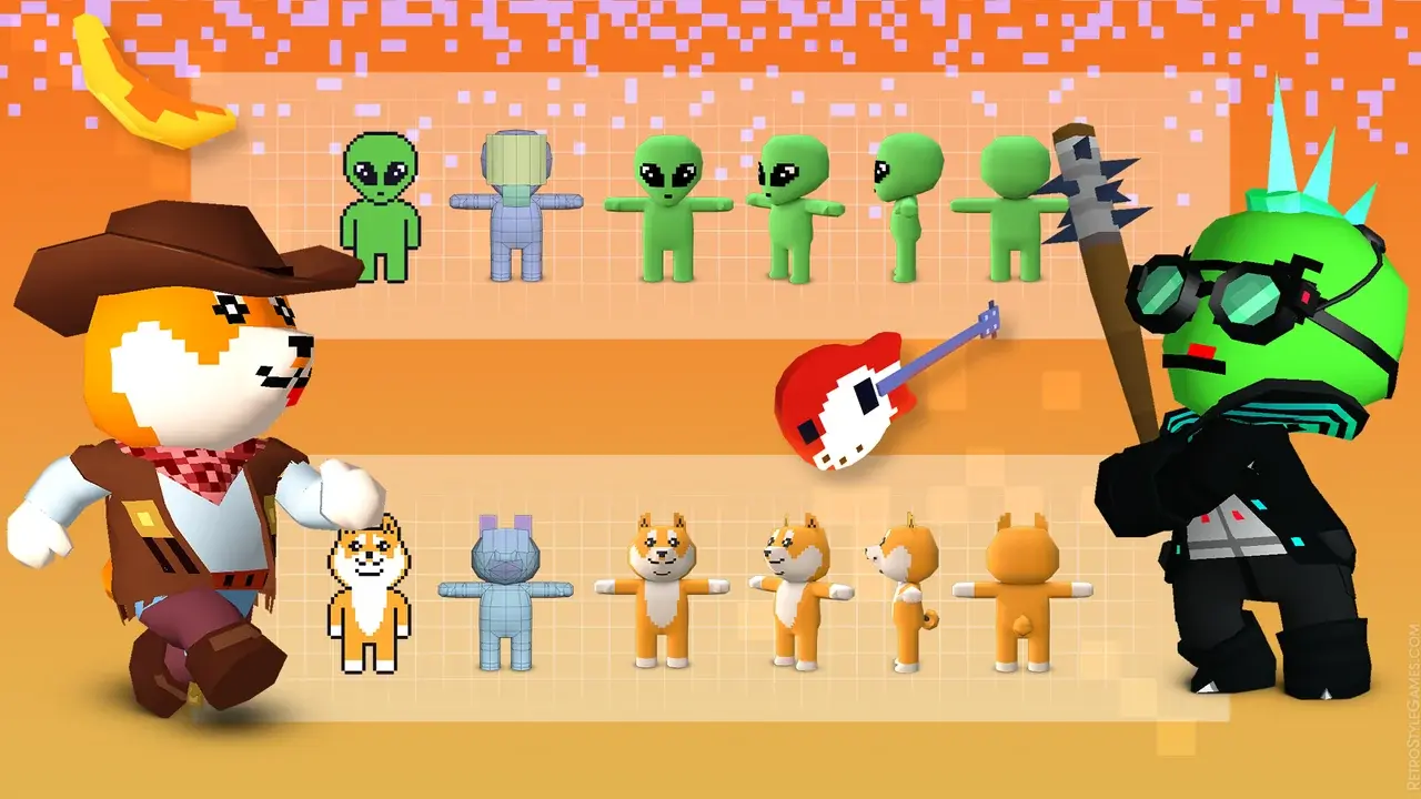 Character development sheet showing original pixel characters and their corresponding 3D models